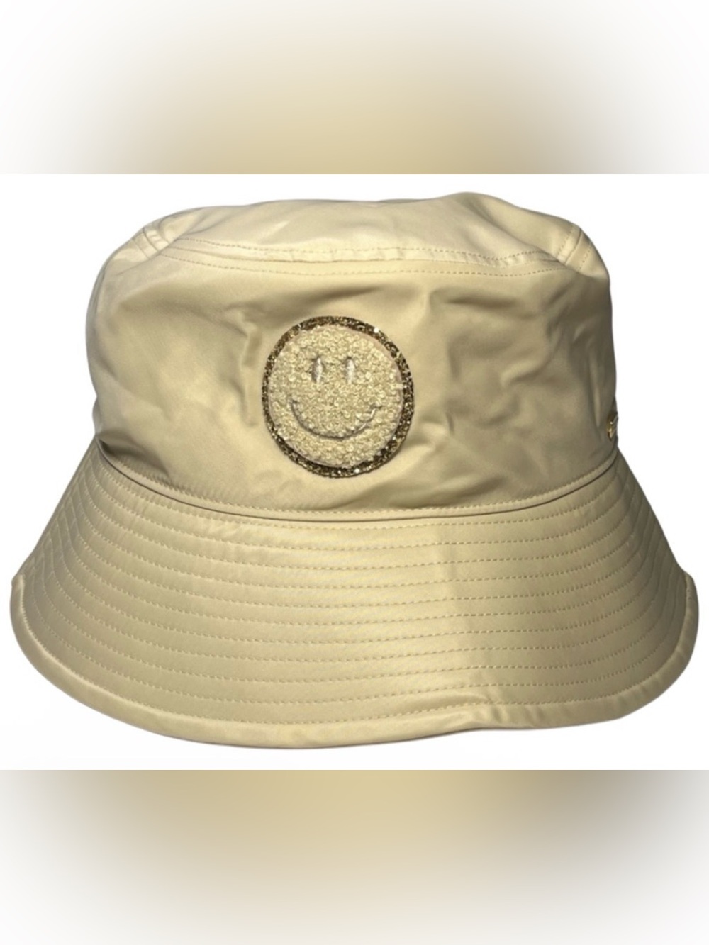 Stoney Clover Lane Beige Nylon Bucket Hat Smiley Face Patch Neutral One Size Tan